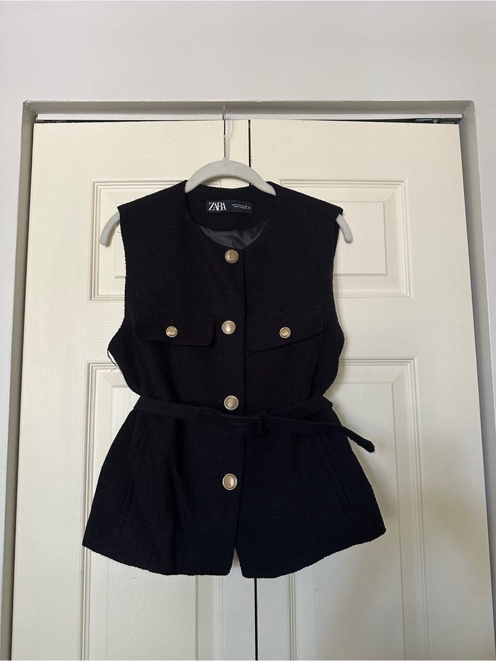 Zara Black Sleeveless Belted Tweed Vest with Gold Buttons